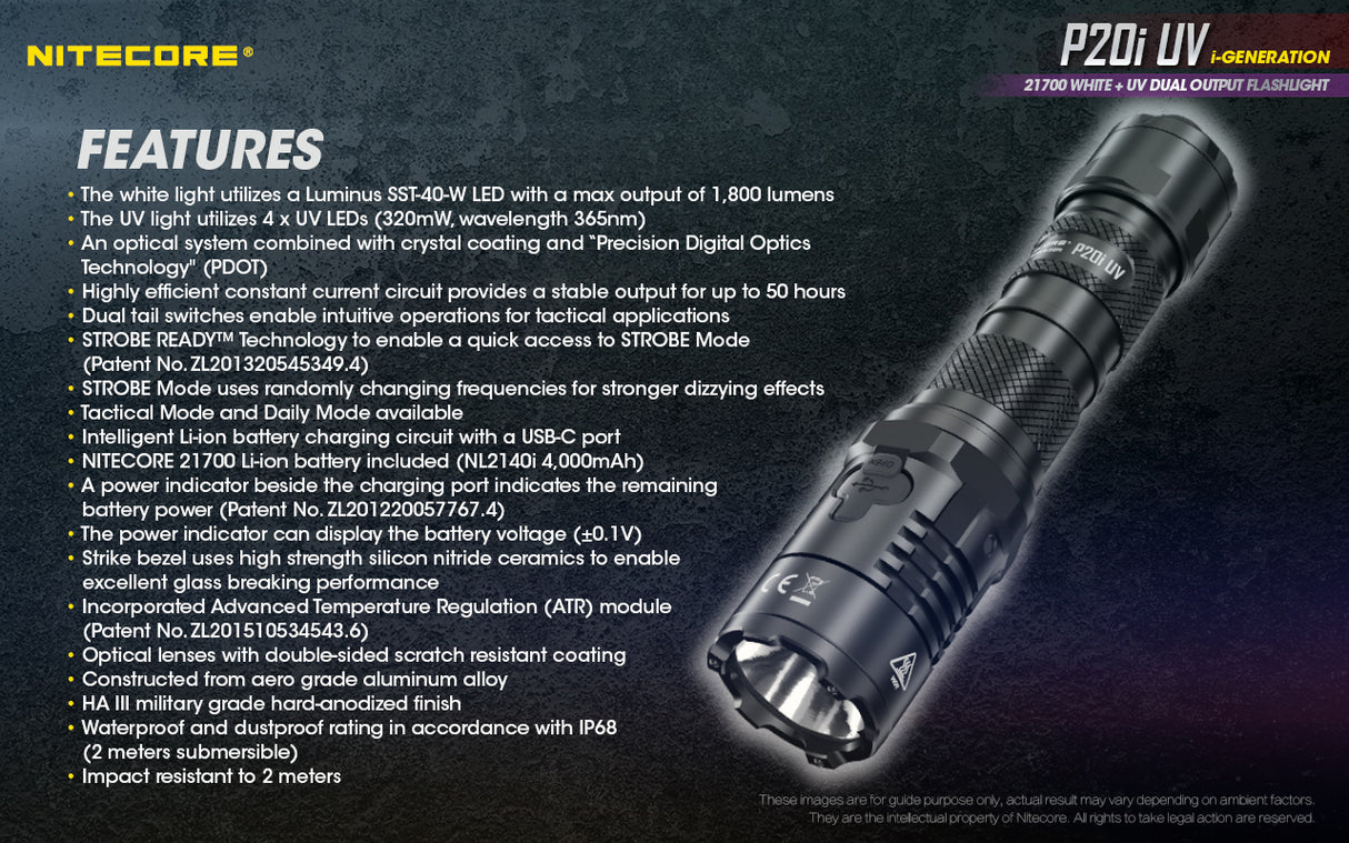 NITECORE 1800 LUMENS RECHARGEABLE FLASHLIGHT W/ UV LIGHT (P20I UV)