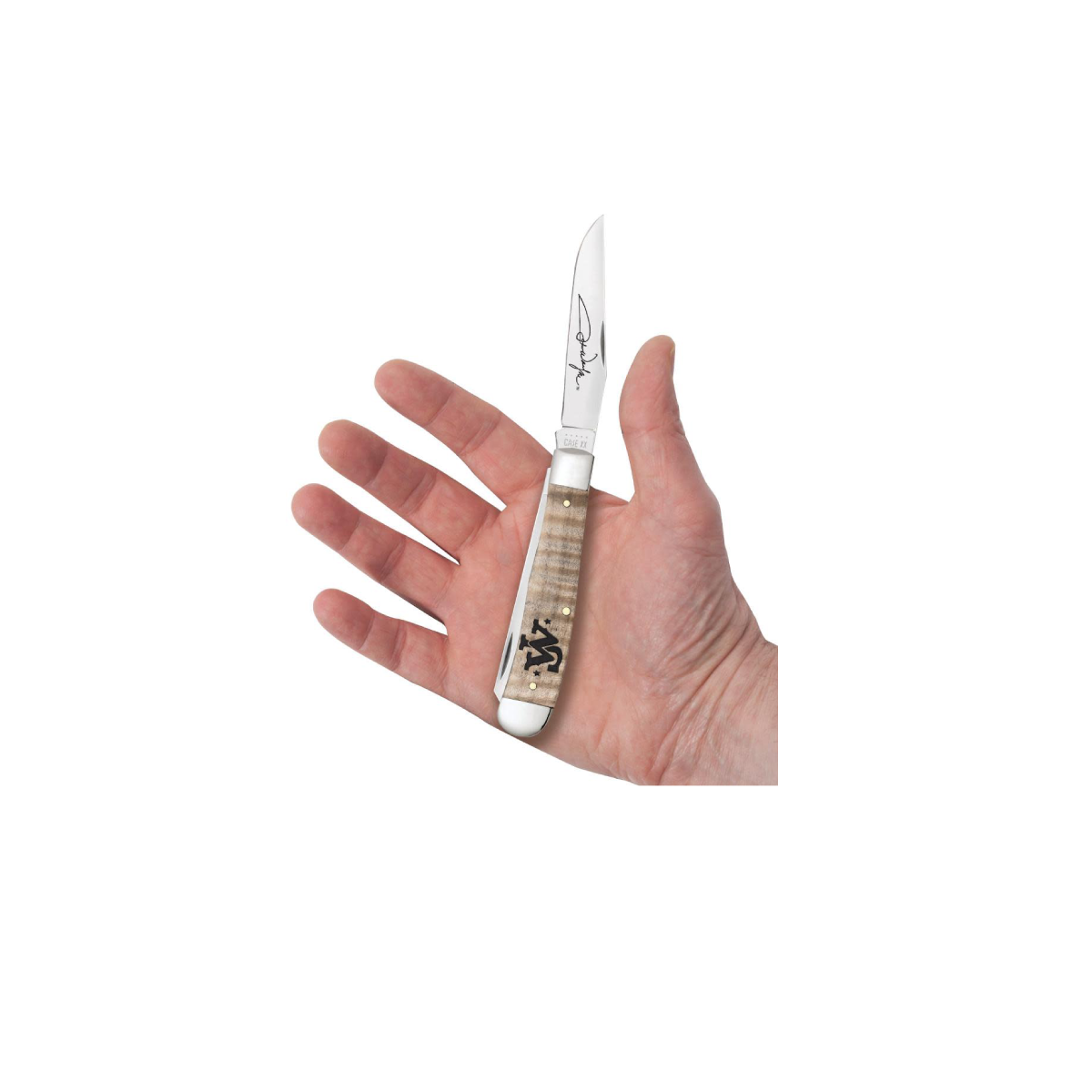 CASE KNIVES JOHN WAYNE EMBELLISHED SMOOTH NATURAL CURLY MAPLE WOOD TRAPPER